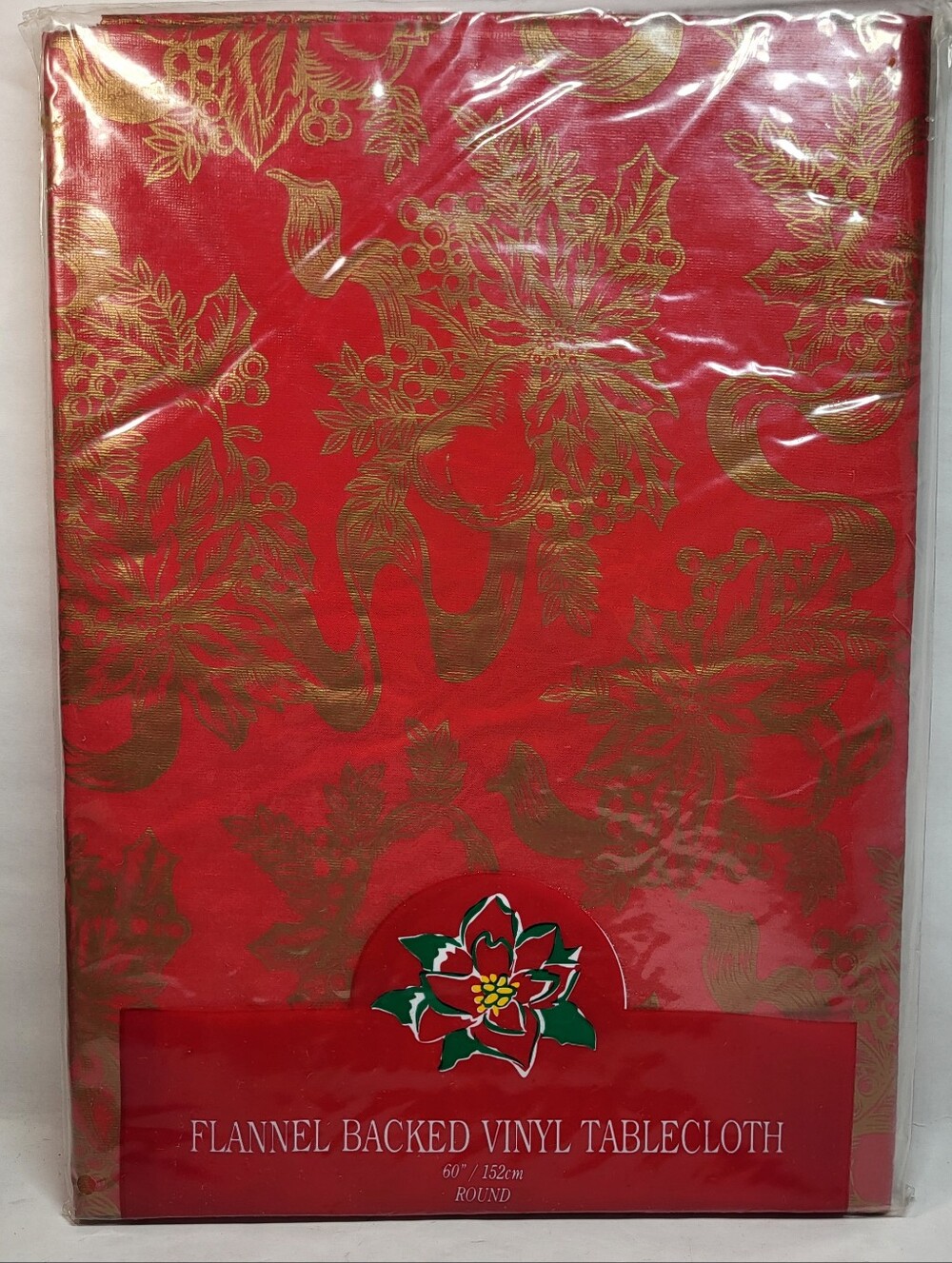 Town & Country Christmas TABLECLOTH 60" Round Flannel Backed Vinyl Red Gold NOS